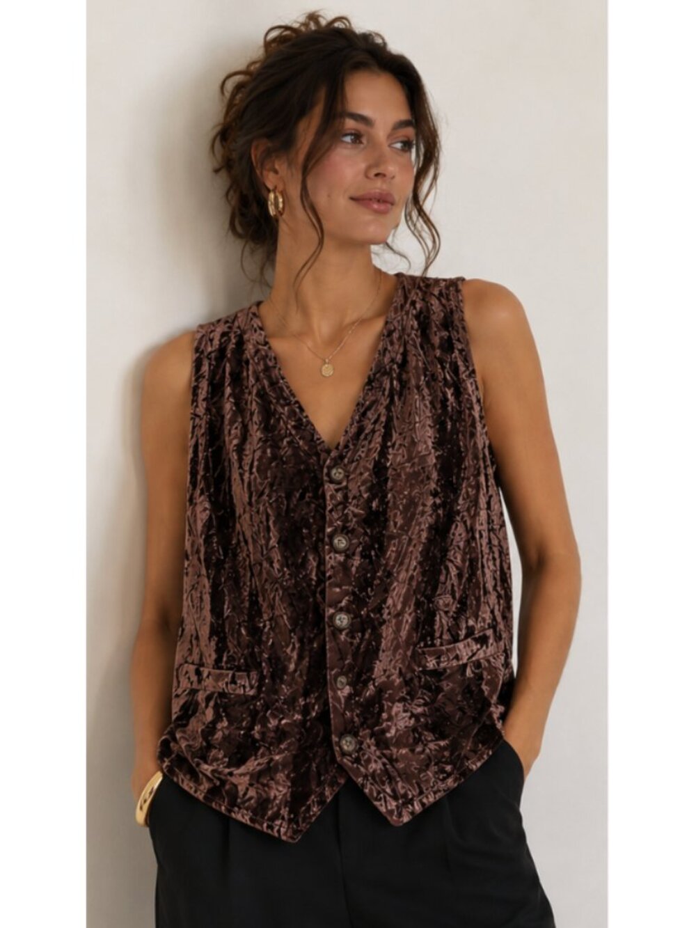 VINTAGE CP SHADES Crushed Brown Velvet Waistcoat Large 90s Lagenlook Grunge